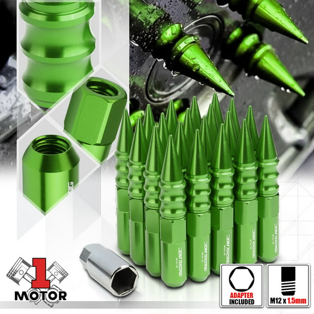 Green M12x1.5 90mm Aluminum Open End+Spike Cap Tuner Wheel Lug Nut+Adapter 20